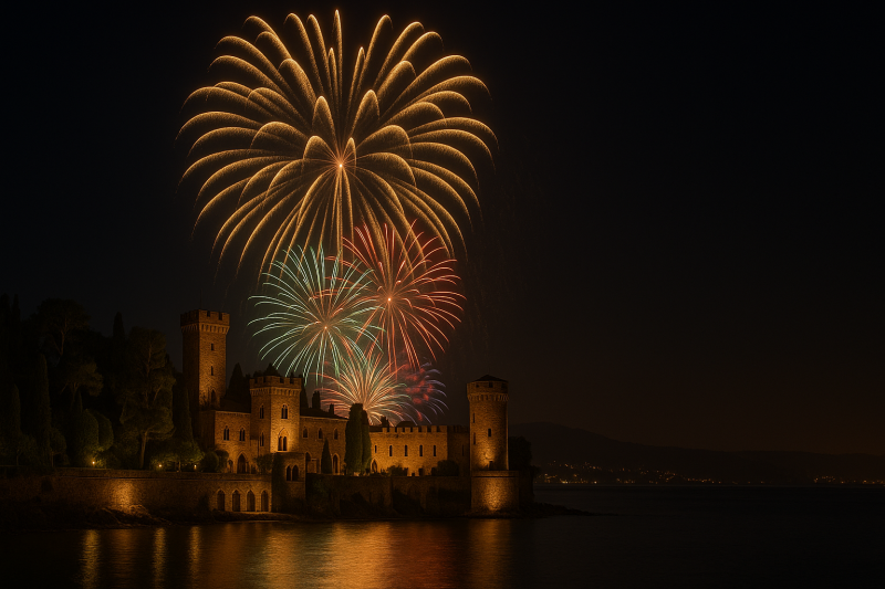 FEUX D'artifice sur le port de Mandelieu la napoule face au chateau de la napoule