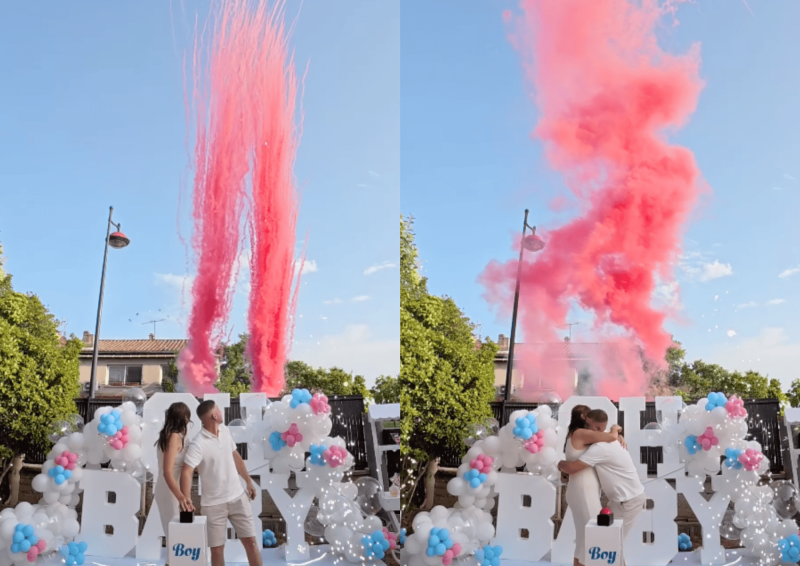 gender reveal au buzzer avec 2 fumigènes de couleur 
