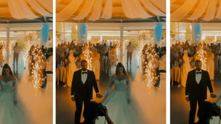 entrée de salle de mariage avec allée de feux d'artifices à effets froids